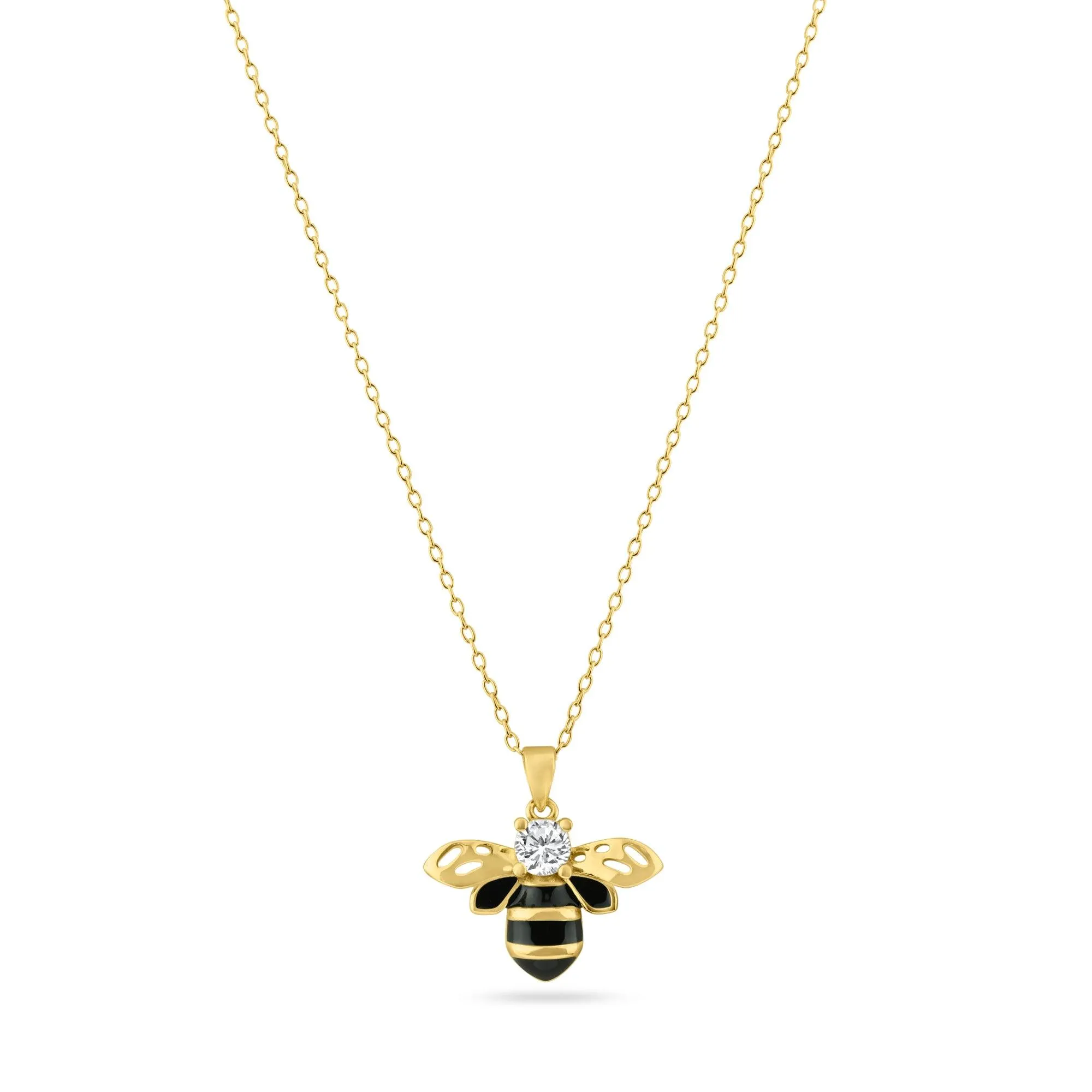 Gold Plated 925 Sterling Silver Clear and Black Enamel Bee Pendant Necklace - BGP01454