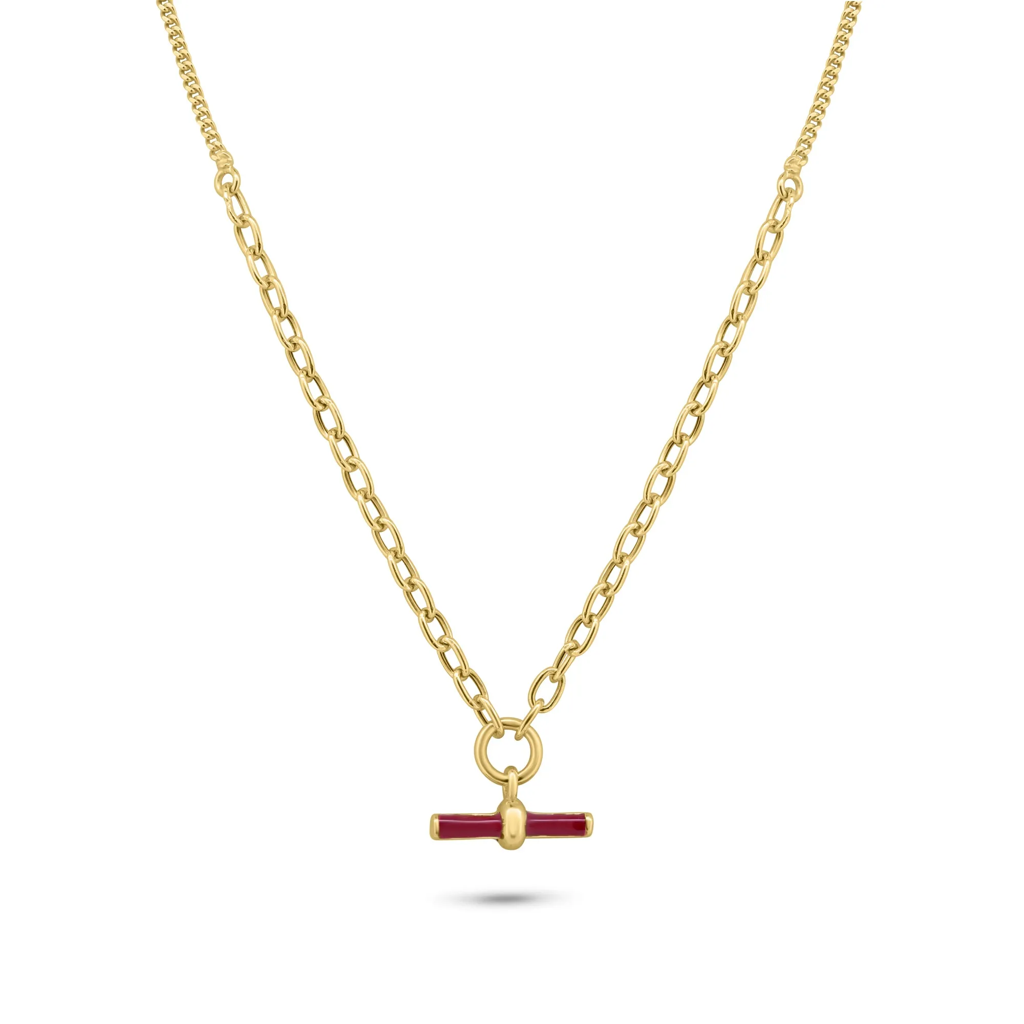Gold Plated 925 Sterling Silver Curb Rolo Adjustable Enamel Red Bar Necklace - ITN00168-GP