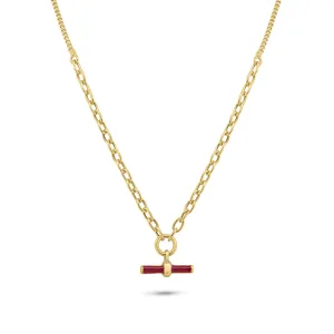 Gold Plated 925 Sterling Silver Curb Rolo Adjustable Enamel Red Bar Necklace - ITN00168-GP