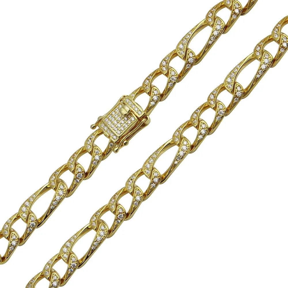 Gold Plated 925 Sterling Silver CZ Encrusted Figaro Chain or Bracelet 8.2mm - CHCZ112 GP