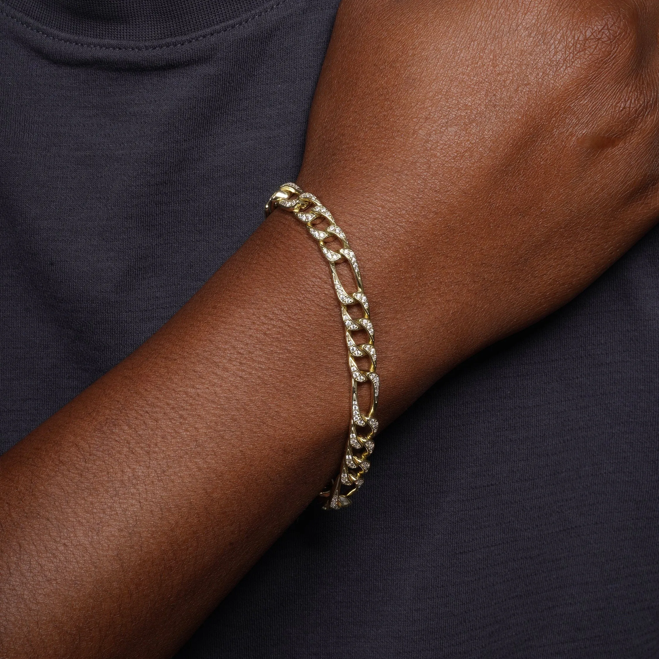 Gold Plated 925 Sterling Silver CZ Encrusted Figaro Chain or Bracelet 8.2mm - CHCZ112 GP