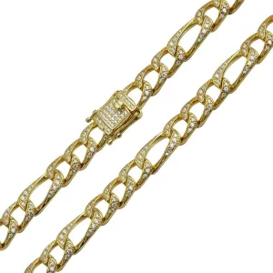 Gold Plated 925 Sterling Silver CZ Encrusted Figaro Chain or Bracelet 8.2mm - CHCZ112 GP