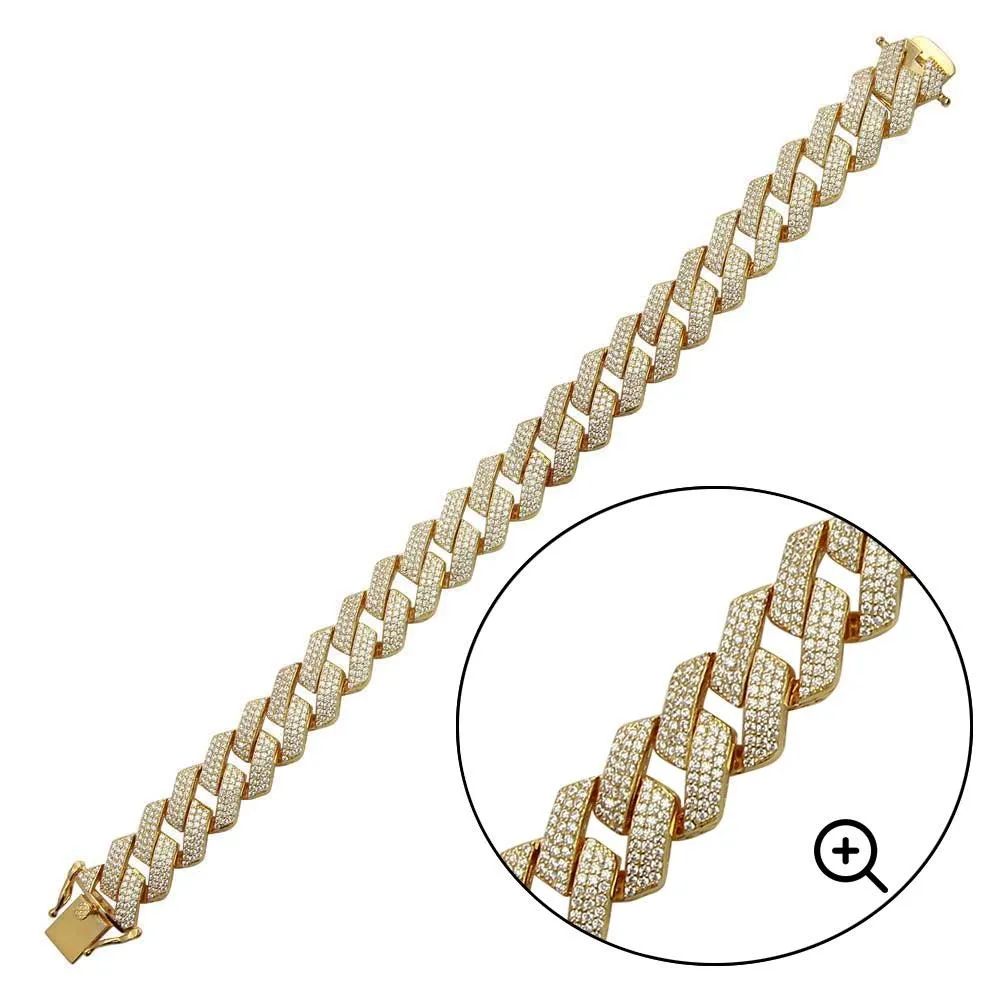 Gold Plated 925 Sterling Silver CZ Encrusted Square Miami Cuban Link Bracelet 15mm - GMB00075GP