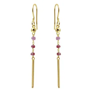 Gold Plated 925 Sterling Silver Dangling 3 Dark Red Bead with Matte Gold Bar Earrings - DIE00009GP-GR
