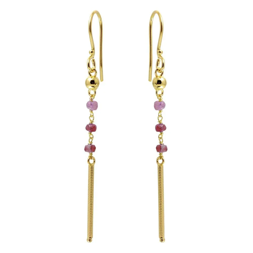 Gold Plated 925 Sterling Silver Dangling 3 Dark Red Bead with Matte Gold Bar Earrings - DIE00009GP-GR