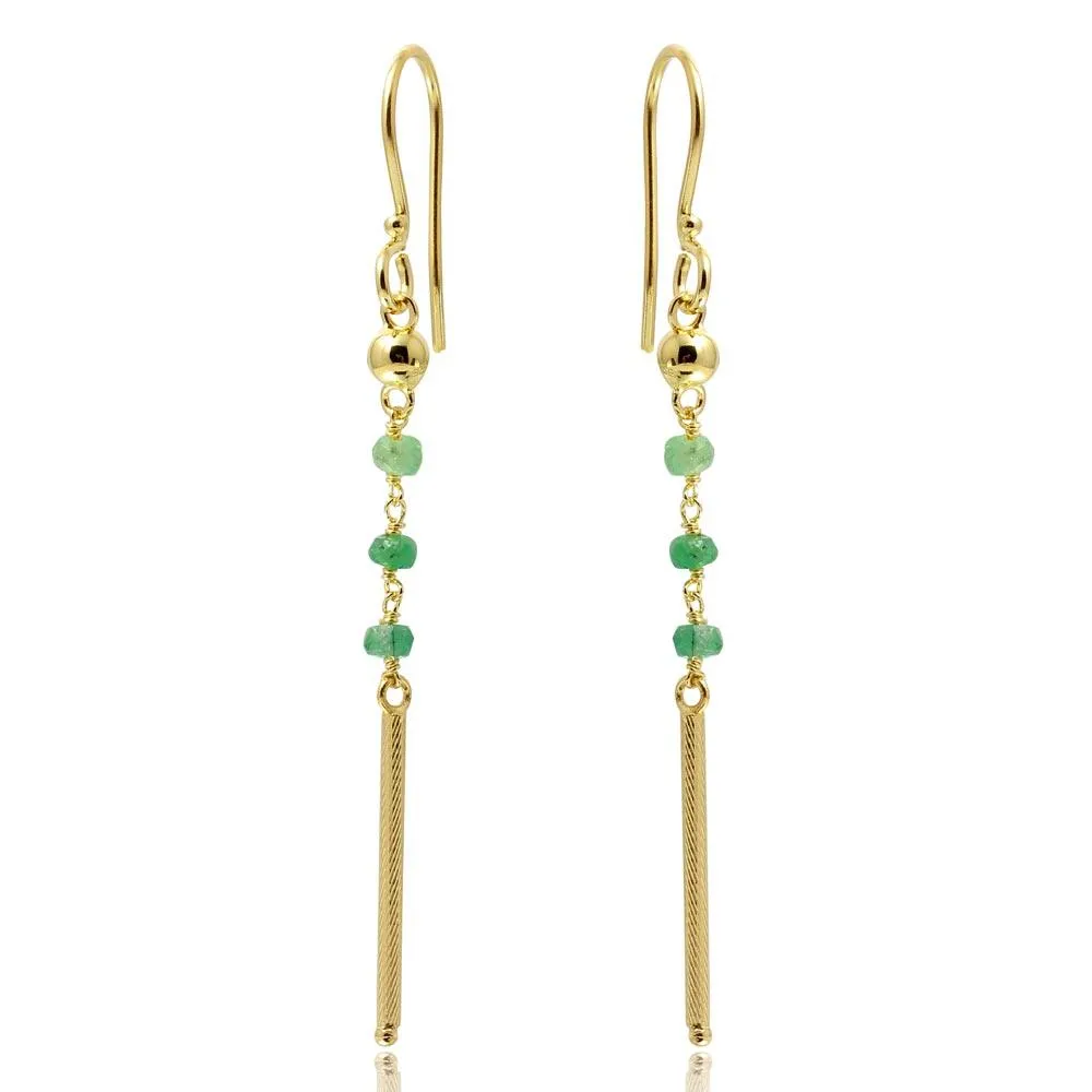 Gold Plated 925 Sterling Silver Dangling 3 Green Bead with Matte Gold Bar Earrings - DIE00009GP-EM