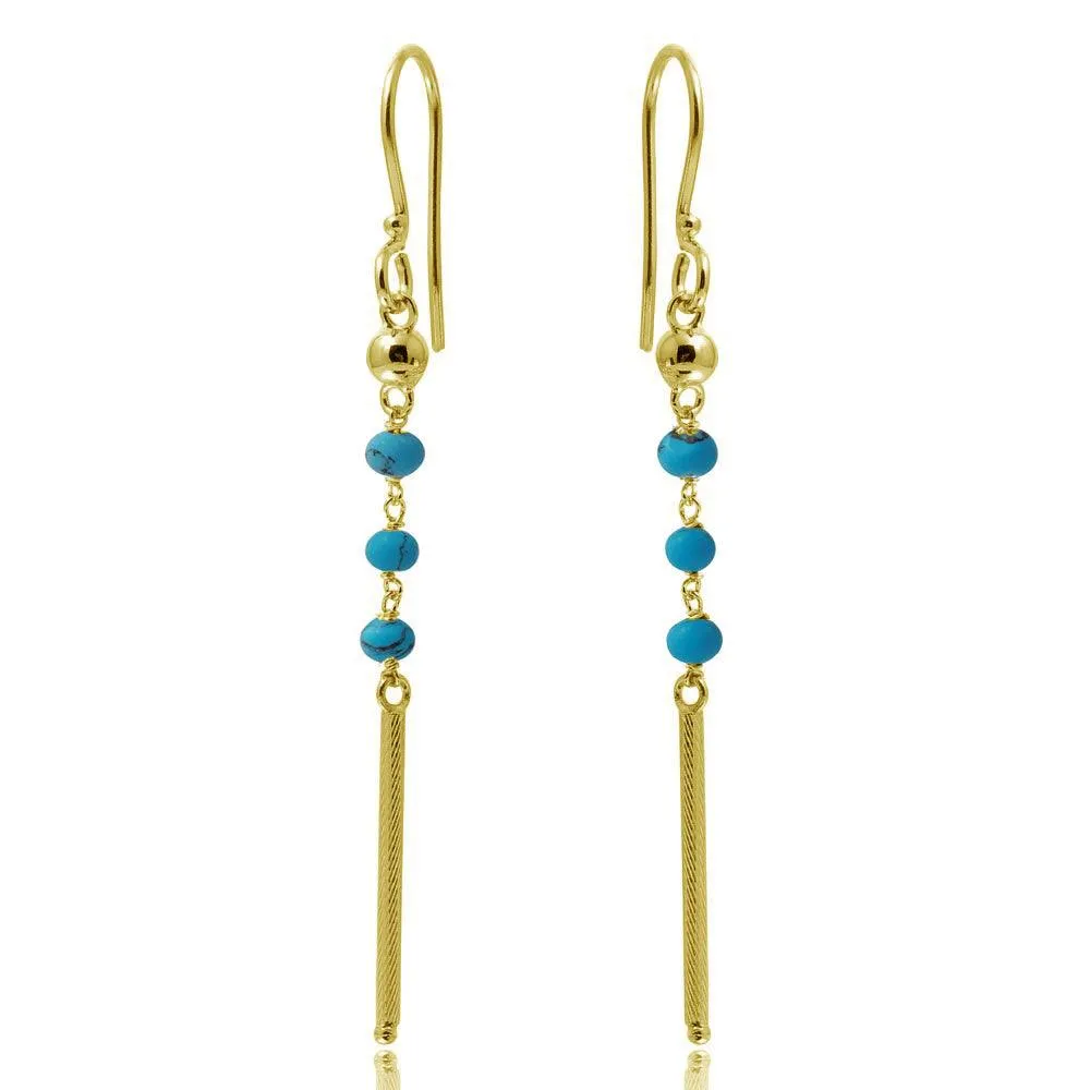 Gold Plated 925 Sterling Silver Dangling 3 Turquoise Bead with Matte Gold Bar Earrings - DIE00009GP-TQ