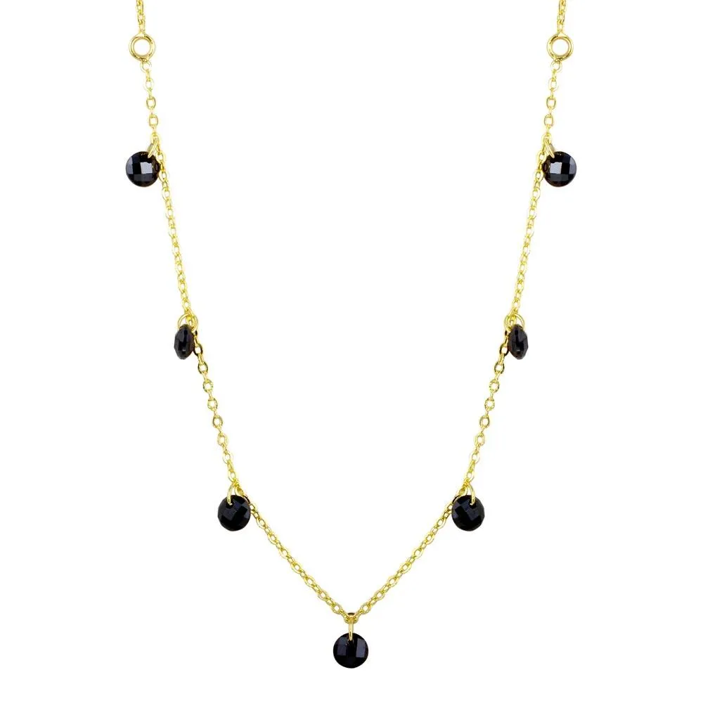 Gold Plated 925 Sterling Silver Dangling Black CZ Chain Necklace - ECN00050GP