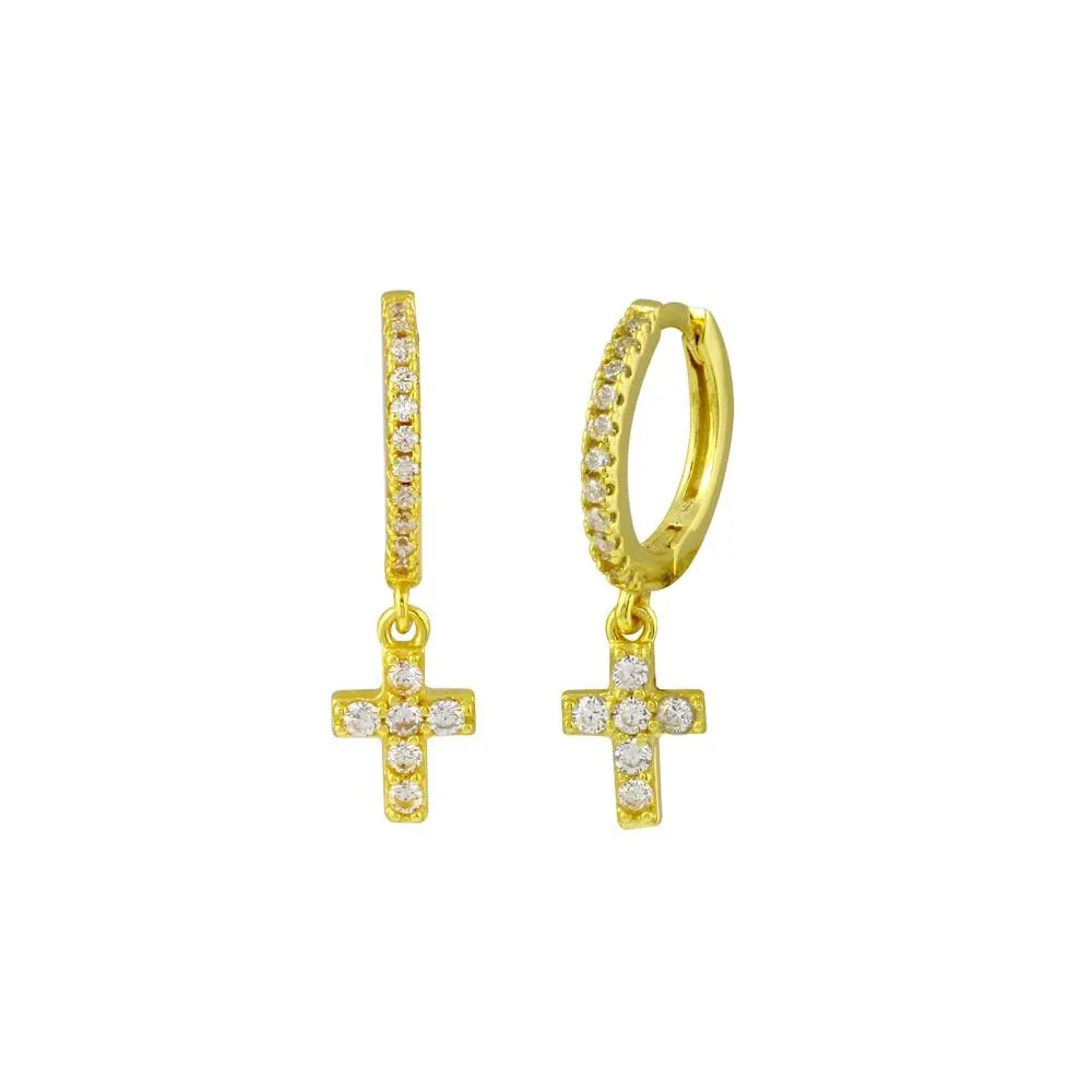 Gold Plated 925 Sterling Silver Dangling Cross CZ huggie hoop Earring - STE01211GP