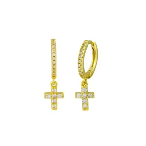 Gold Plated 925 Sterling Silver Dangling Cross CZ huggie hoop Earring - STE01211GP