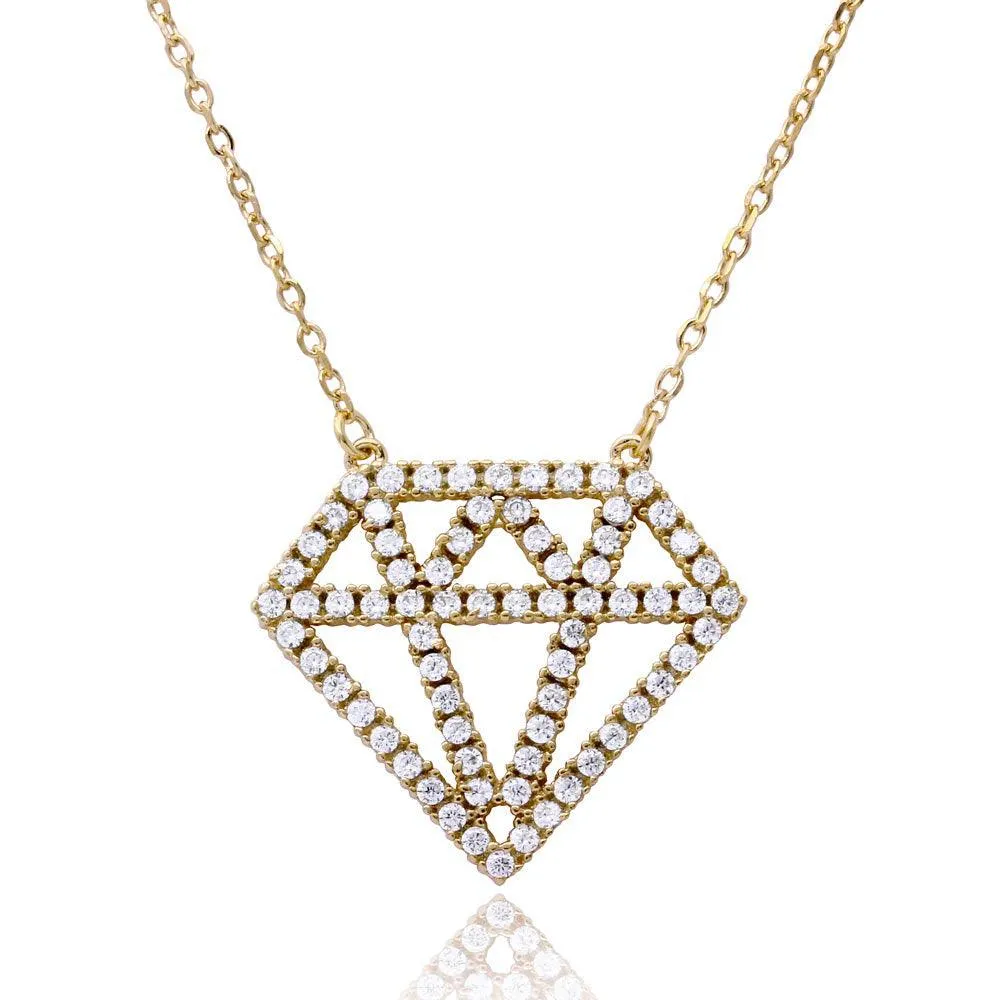 Gold Plated 925 Sterling Silver Diamond Outline CZ Necklace - BGP01162GP