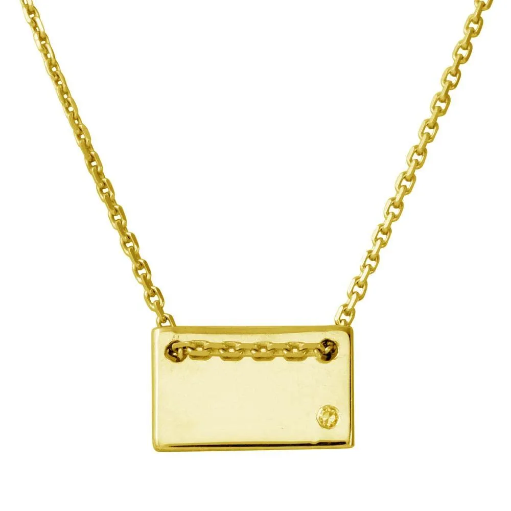 Gold Plated 925 Sterling Silver Engravable Small Rectangle Shaped Necklace with CZ - DIN00077GP