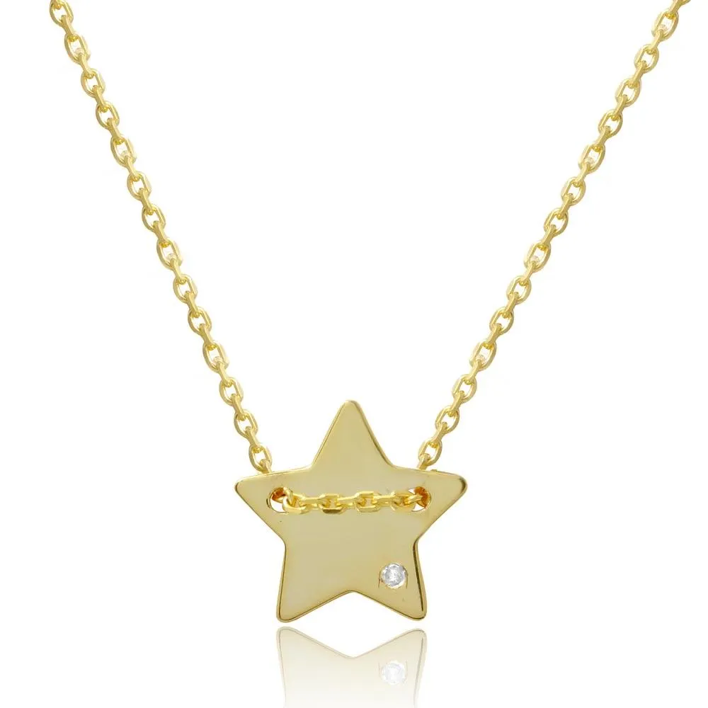 Gold Plated 925 Sterling Silver Engravable Star Shaped Necklace with CZ - DIN00079GP