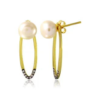 Gold Plated 925 Sterling Silver Fresh Water Pearl with Hanging Open Oval CZ - BGE00549