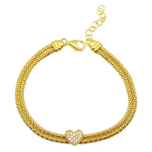 Gold Plated 925 Sterling Silver Heart and Double Chain Bracelet with CZ - ARB00016GP