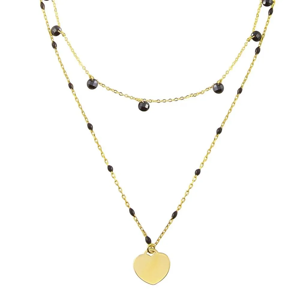Gold Plated 925 Sterling Silver Multi Chain Black CZ Enamel Beaded Heart Necklace - ECN00063GP