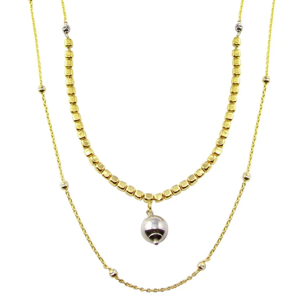 Gold Plated 925 Sterling Silver Multi Chain Cube and Bead Necklace - ECN00059GP