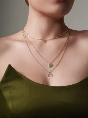 Gold Plated 925 Sterling Silver Multi Chain White Enamel Beaded Disc, Crescent and Star Necklace - ECN00065GP