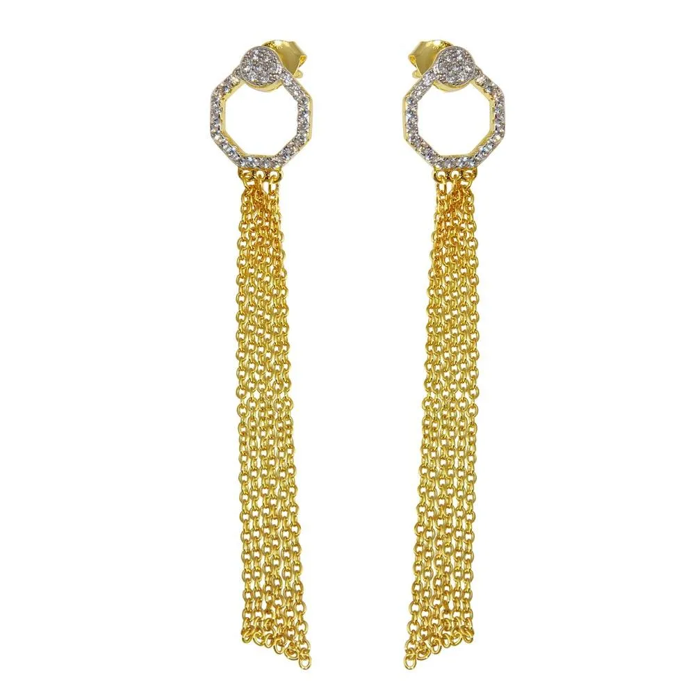 Gold Plated 925 Sterling Silver Open Circle CZ Teardrop Chain Dangling Earrings - BGE00599