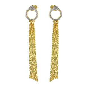 Gold Plated 925 Sterling Silver Open Circle CZ Teardrop Chain Dangling Earrings - BGE00599