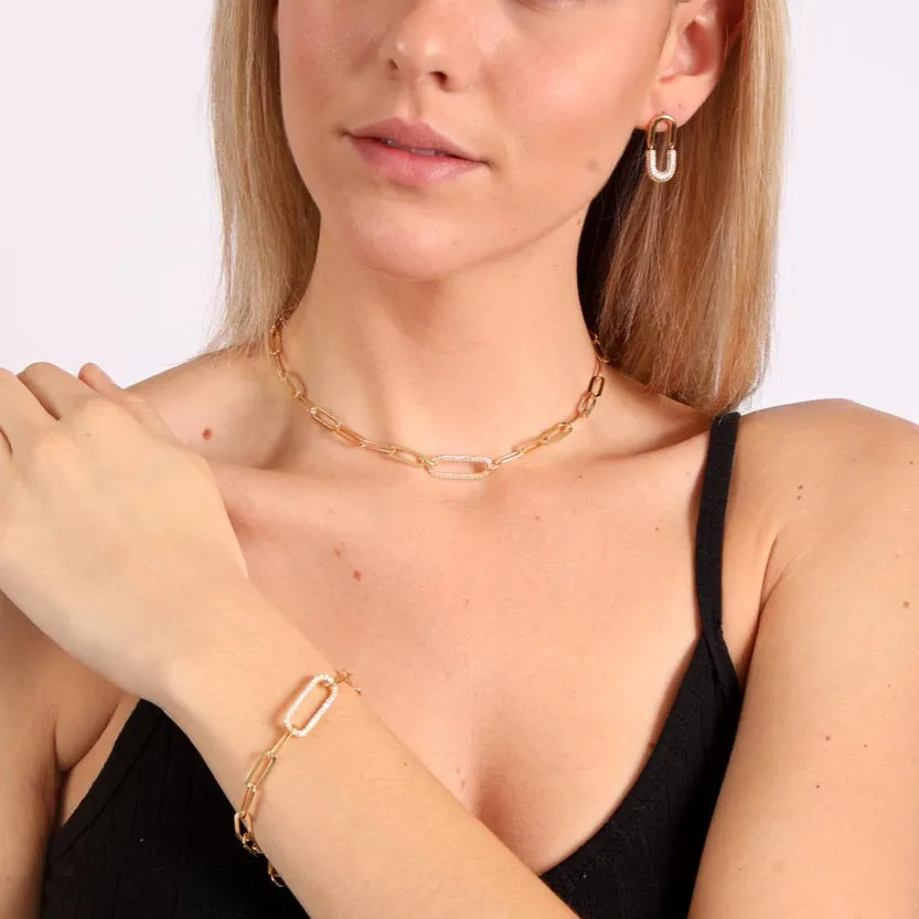 Gold Plated 925 Sterling Silver Paperclip Chain CZ Necklace - ITN00149-GP