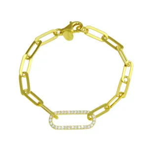 Gold Plated 925 Sterling Silver Paperclip CZ Chain Bracelet - ITB00324-GP