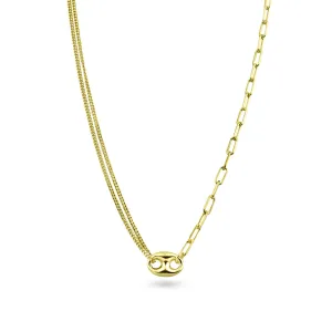 Gold Plated 925 Sterling Silver Puffed Mariner Double Strand Curb and Single Paperclip Adjustable Link Necklace - ITN00157-GP