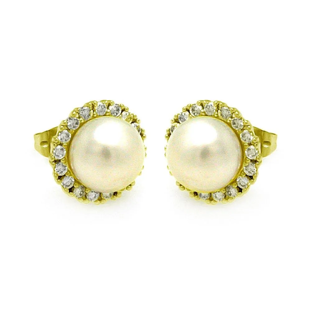 Gold Plated 925 Sterling Silver Round CZ Center Fresh Water Pearl Stud Earrings - BGE00253GP