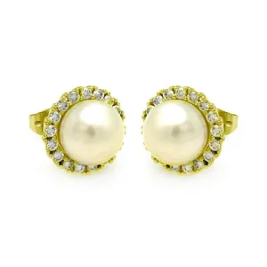 Gold Plated 925 Sterling Silver Round CZ Center Fresh Water Pearl Stud Earrings - BGE00253GP