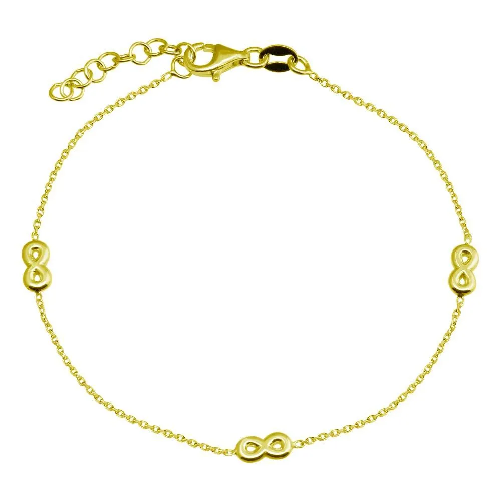 Gold Plated 925 Sterling Silver SIngle Strand Bracelet with 3 Infinity Element - VGB22GP