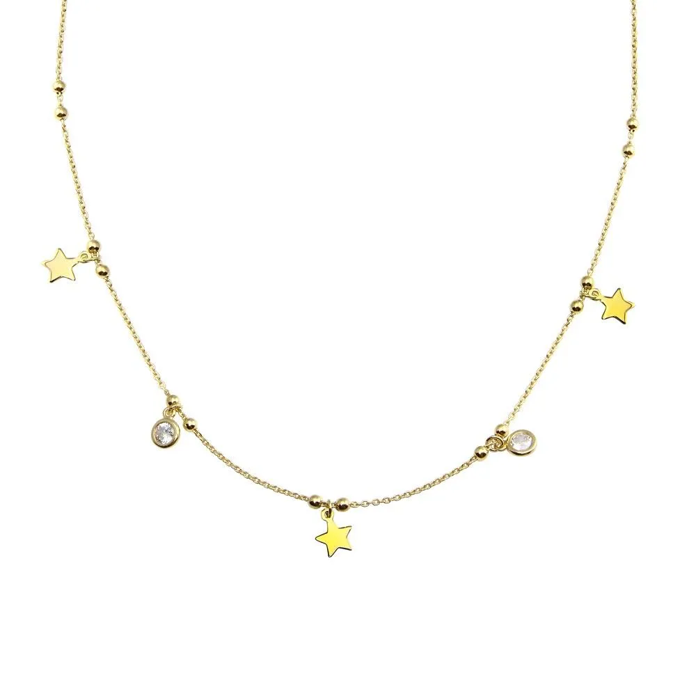 Gold Plated 925 Sterling Silver Star and Beads CZ Necklace  - ARN00059GP