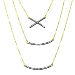 Gold Plated 925 Sterling Silver Triple Strand Necklace with CZ Curved Bar and CZ X - BGP01213