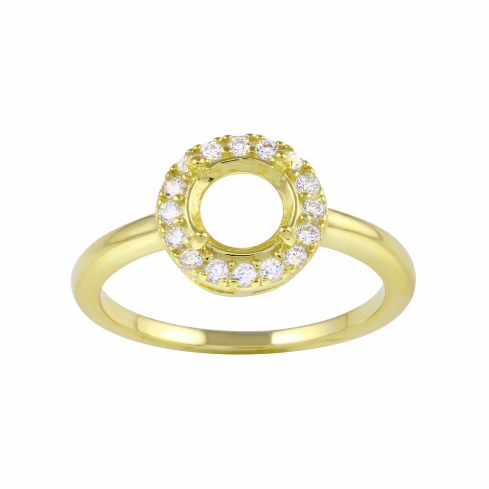 Gold Plated 925 Sterling Silver Clear CZ Round Mounting Ring - BGR01333GP