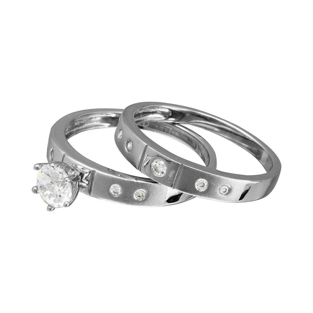Half Matte Finish Rhodium Plated 925 Sterling Silver  CZ Trio Bridal Ring - GMR00142