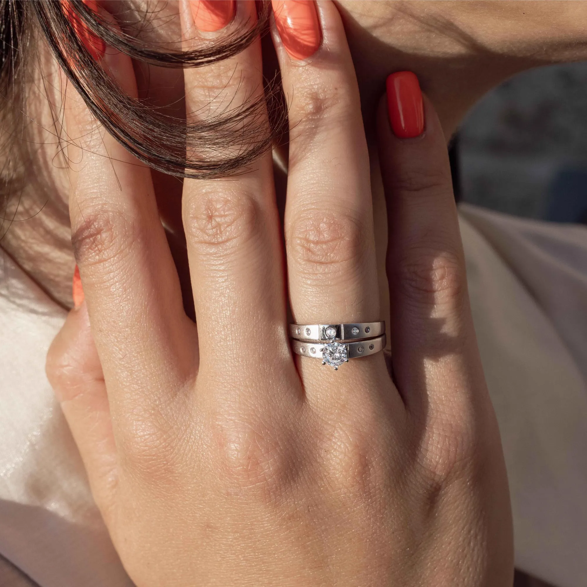 Half Matte Finish Rhodium Plated 925 Sterling Silver  CZ Trio Bridal Ring - GMR00142