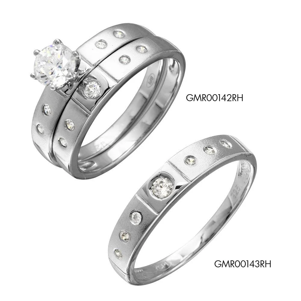 Half Matte Finish Rhodium Plated 925 Sterling Silver  CZ Trio Bridal Ring - GMR00142