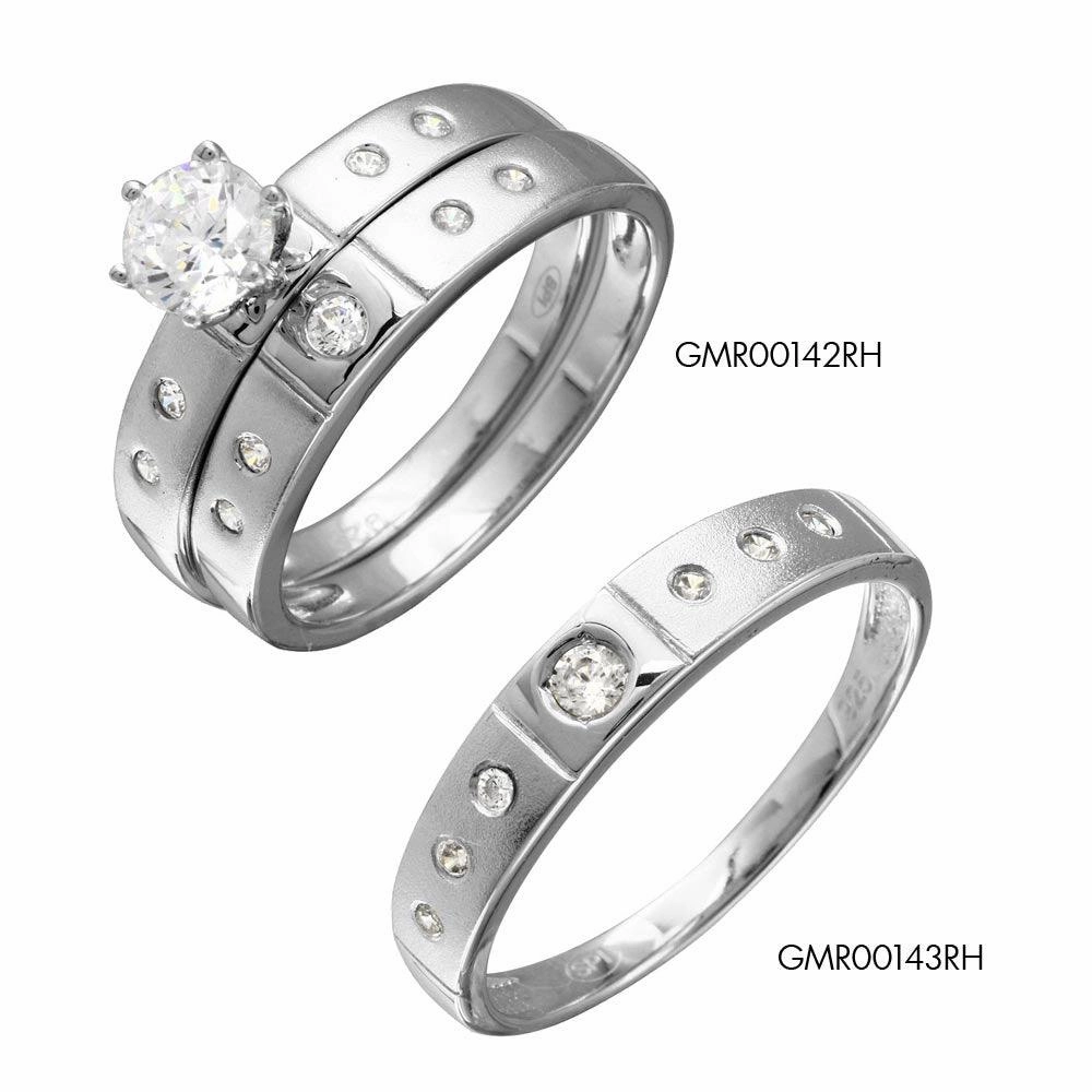 Half Matte Finish Rhodium Plated 925 Sterling Silver  CZ Trio Bridal Ring - GMR00142