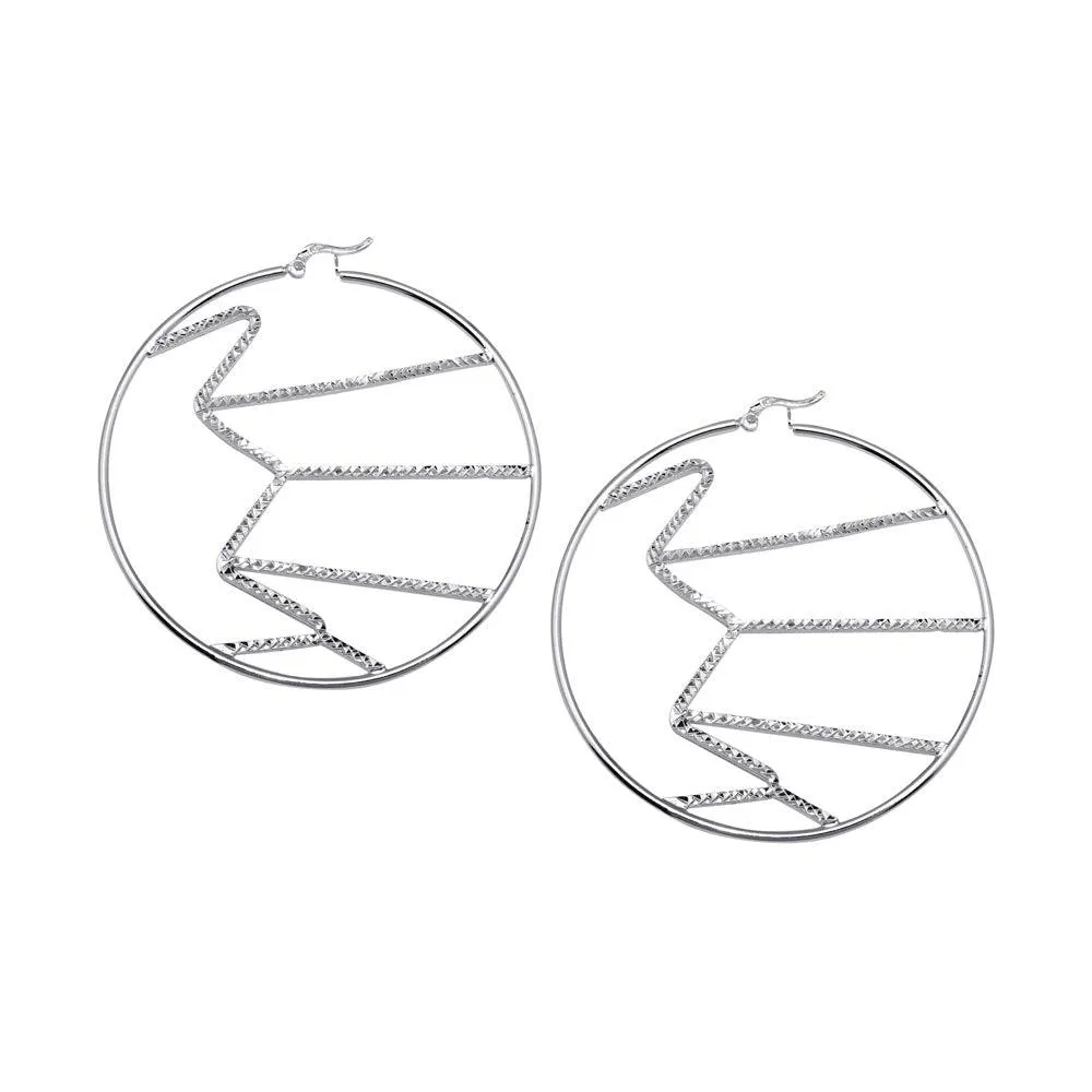 High Polished 925 Sterling Silver Diamond Cut Design Hoop Earrings - HP08