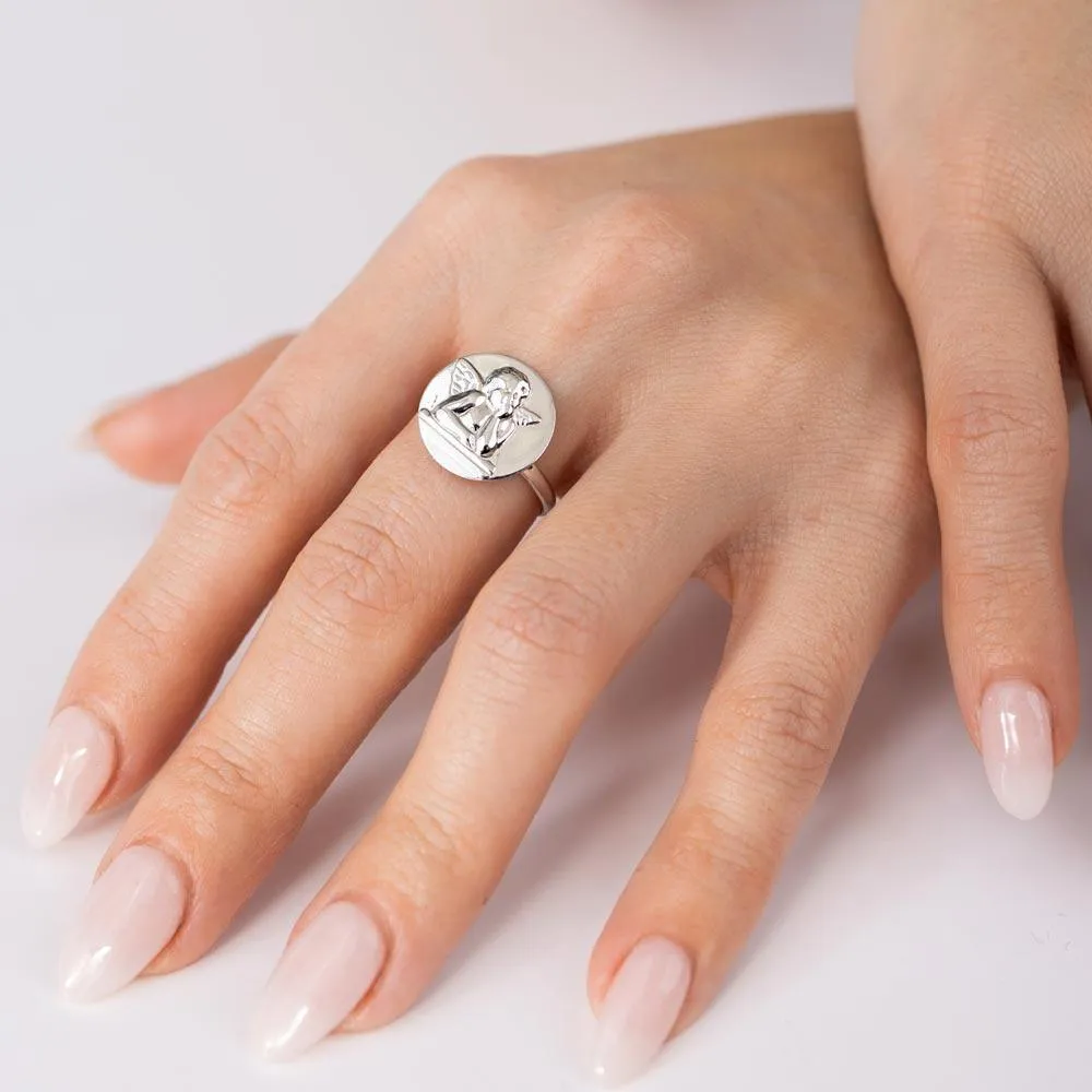 High Polished 925 Sterling Silver Disc Angel Design Ring - SOR00030