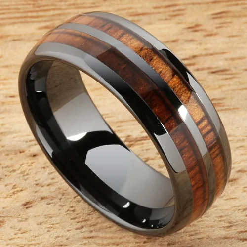 High Tech Black Ceramic Natural Koa Wood Oval Wedding Ring Pair 4mm/8mm