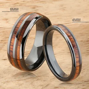 High Tech Black Ceramic Natural Koa Wood Oval Wedding Ring Pair 4mm/8mm