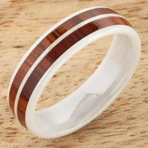 High Tech White Ceramic Natural Koa Wood Double Row Oval Wedding Ring 6mm