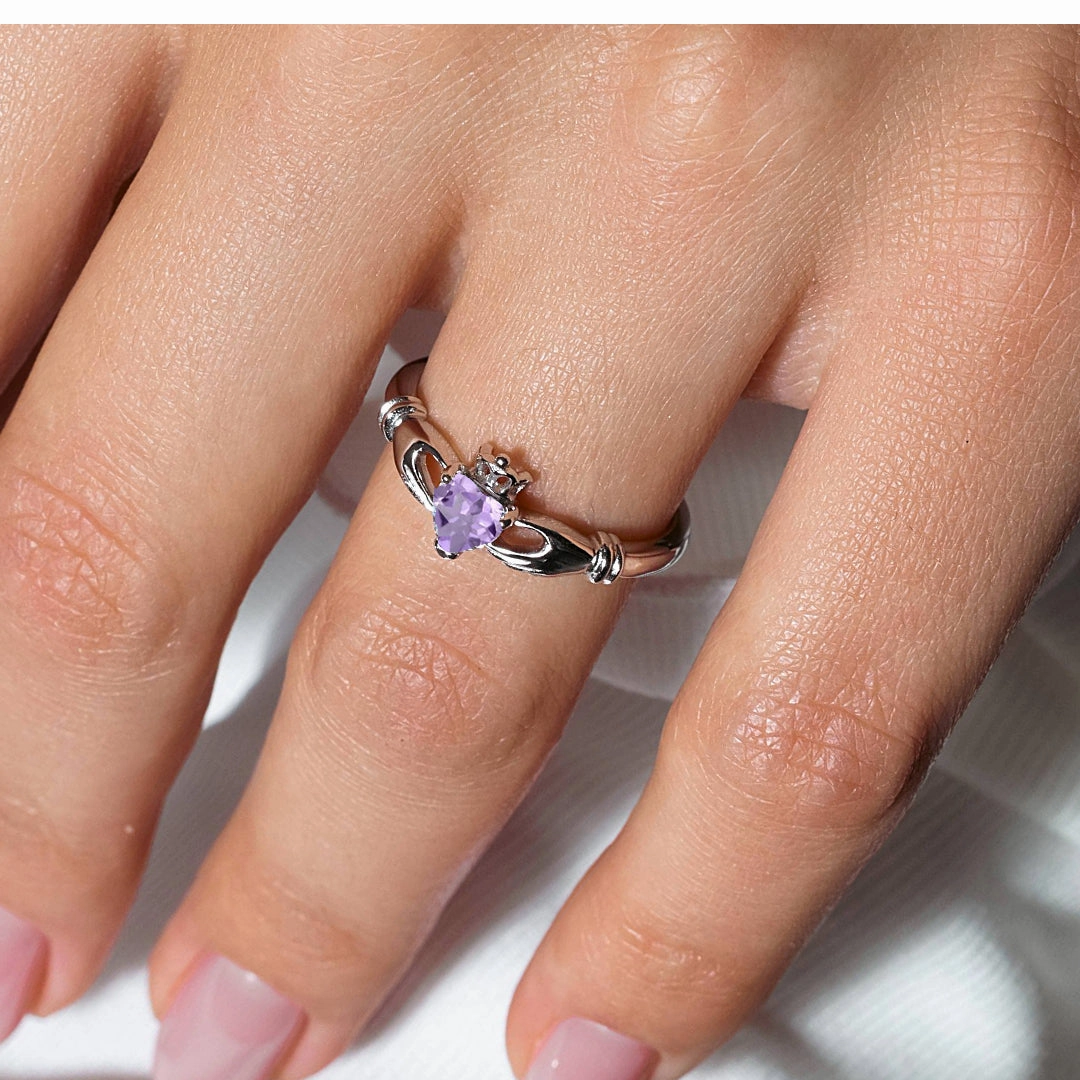June Sterling Silver 925 Rhodium Plated CZ Center Birthstone Claddagh Ring - BGR01083JUN