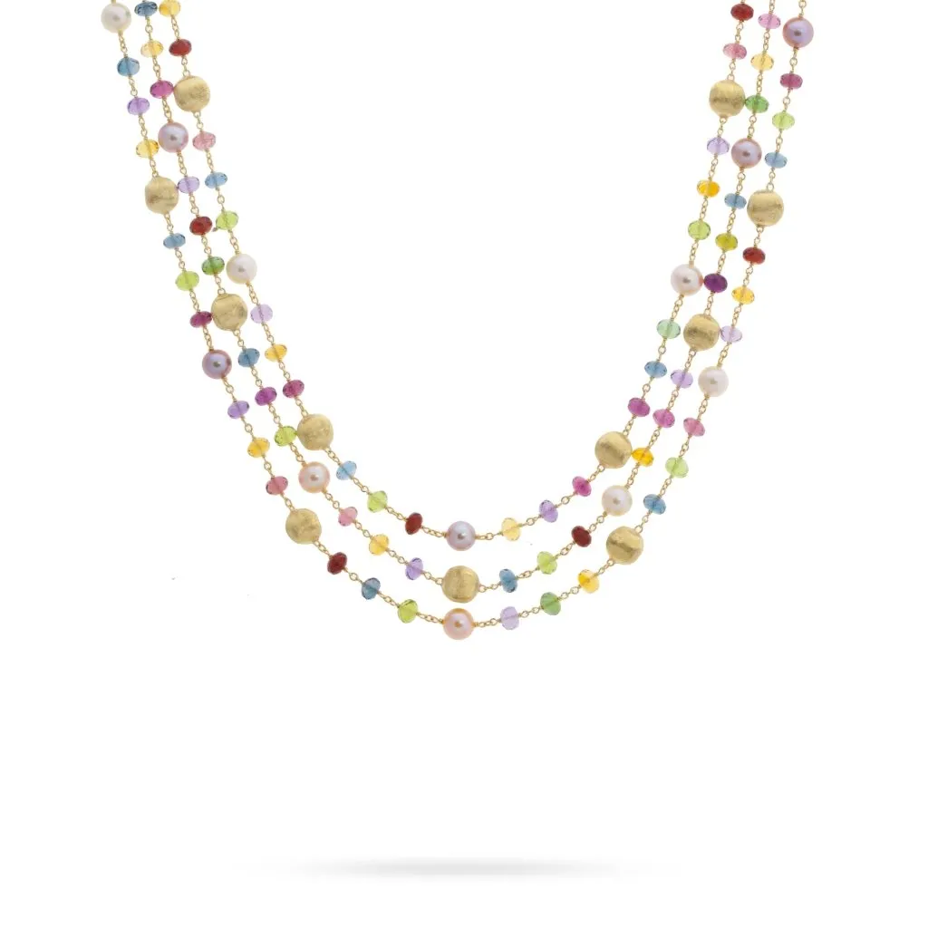 Marco Bicego Africa 18ct Yellow Gold Pearl Mixed Gemstone Triple Strand Necklace