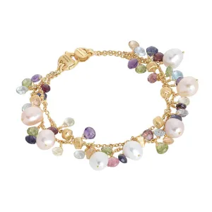 Marco Bicego Paradise 18ct Yellow Gold Pearl and Multicolour Gemstone Two Strand Bracelet