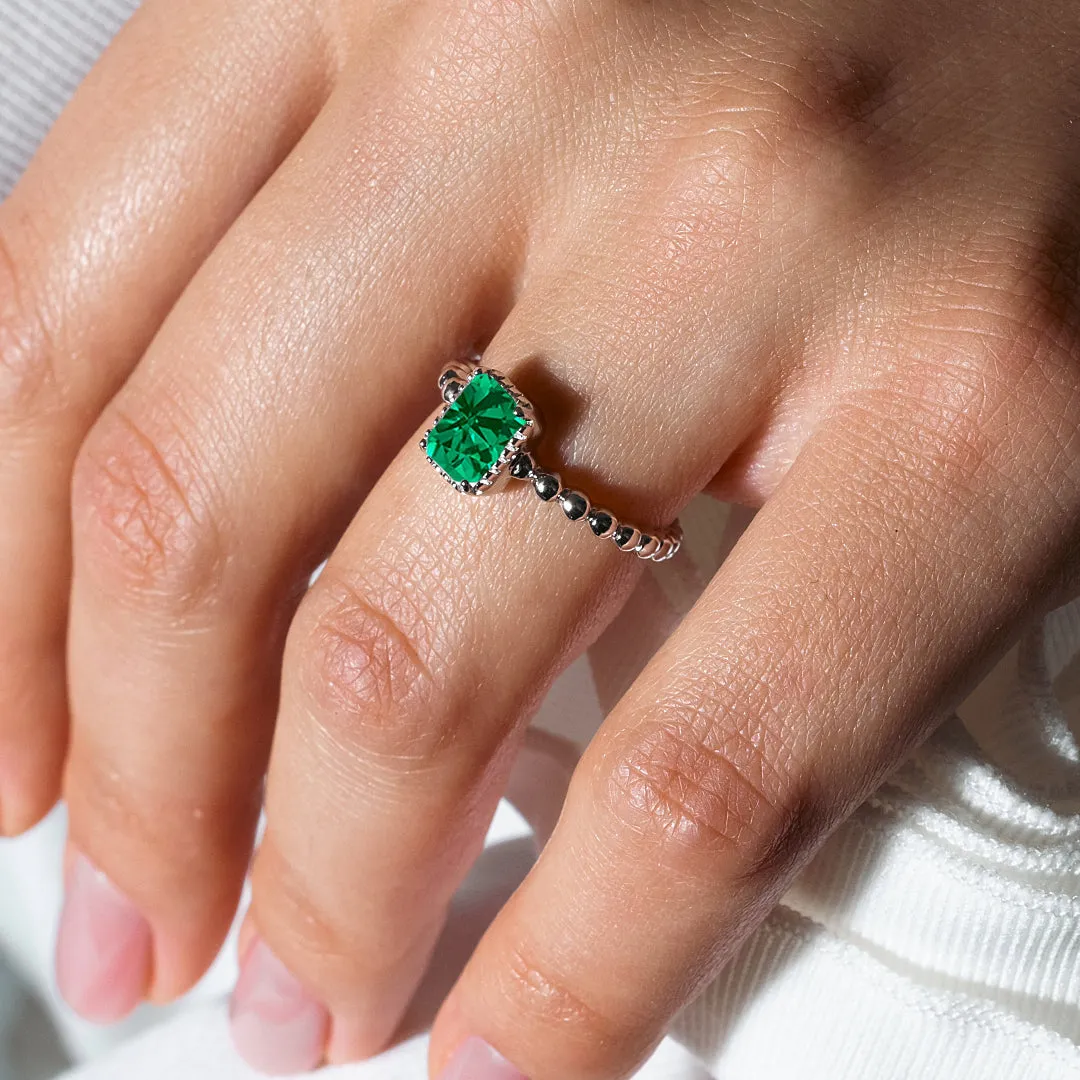 May Sterling Silver 925 Rhodium Plated Beaded Shank Square Center Birthstone Ring - BGR01081MAY