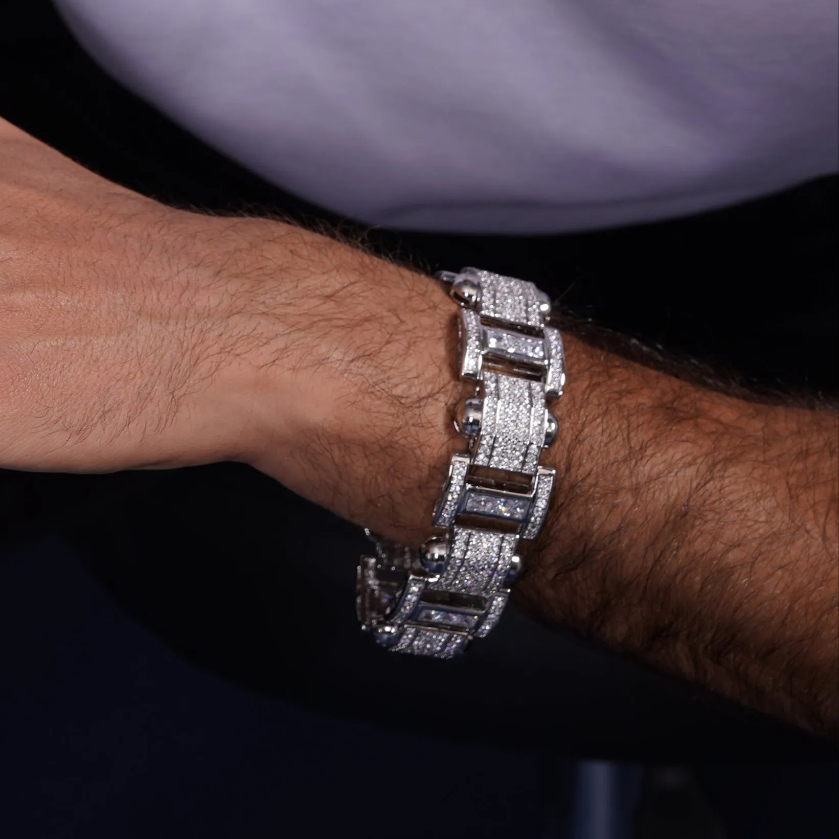 Men's Rhodium Plated 925 Sterling Silver Chunky CZ Hip Hop Link Bracelet - STBM0041