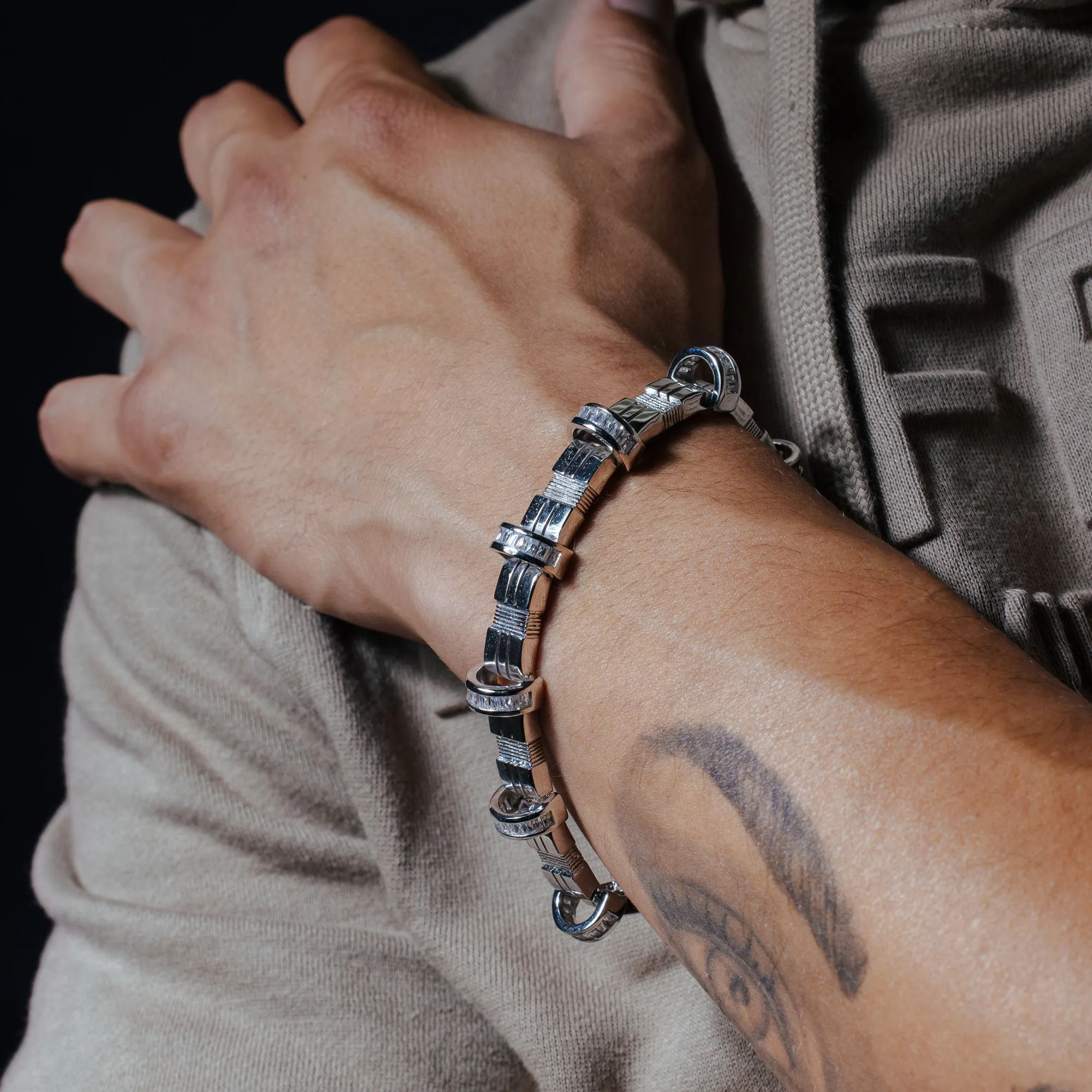 Men's Rhodium Plated 925 Sterling Silver CZ Encrusted Arc Bracelet - STBM0003