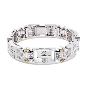 Men's Rhodium Plated 925 Sterling Silver Link Clear YLW CZ Bracelet - STBM0004