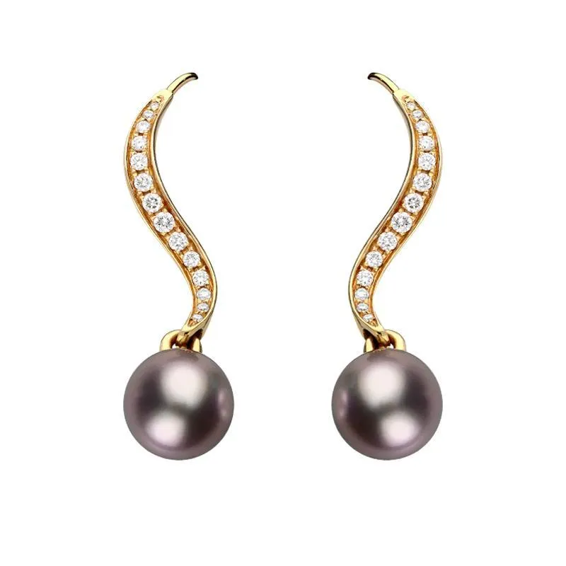 Mikimoto 18ct Rose Gold Diamond 10.5mm Purple Akoya Pearl Drop Earrings